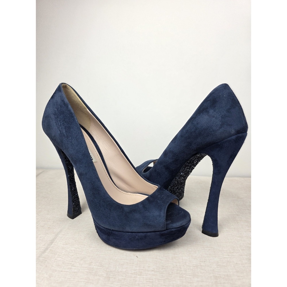 Miu Miu Heels Size 36 Flared Heel Peep Toe in Blue Suede Glitter Bottom Tall
